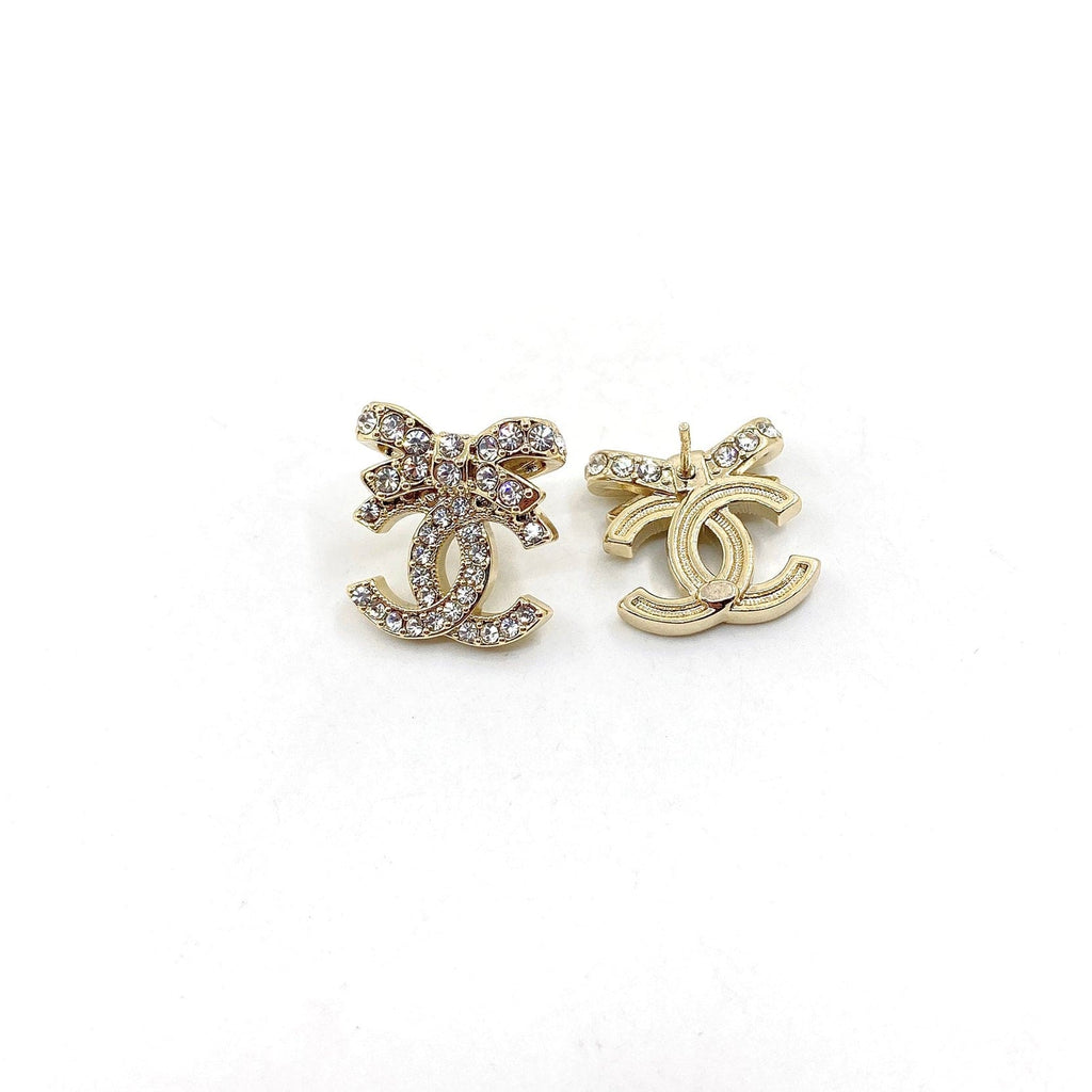 Chanel Strass Bow Stud Earrings - 18K Yellow Gold