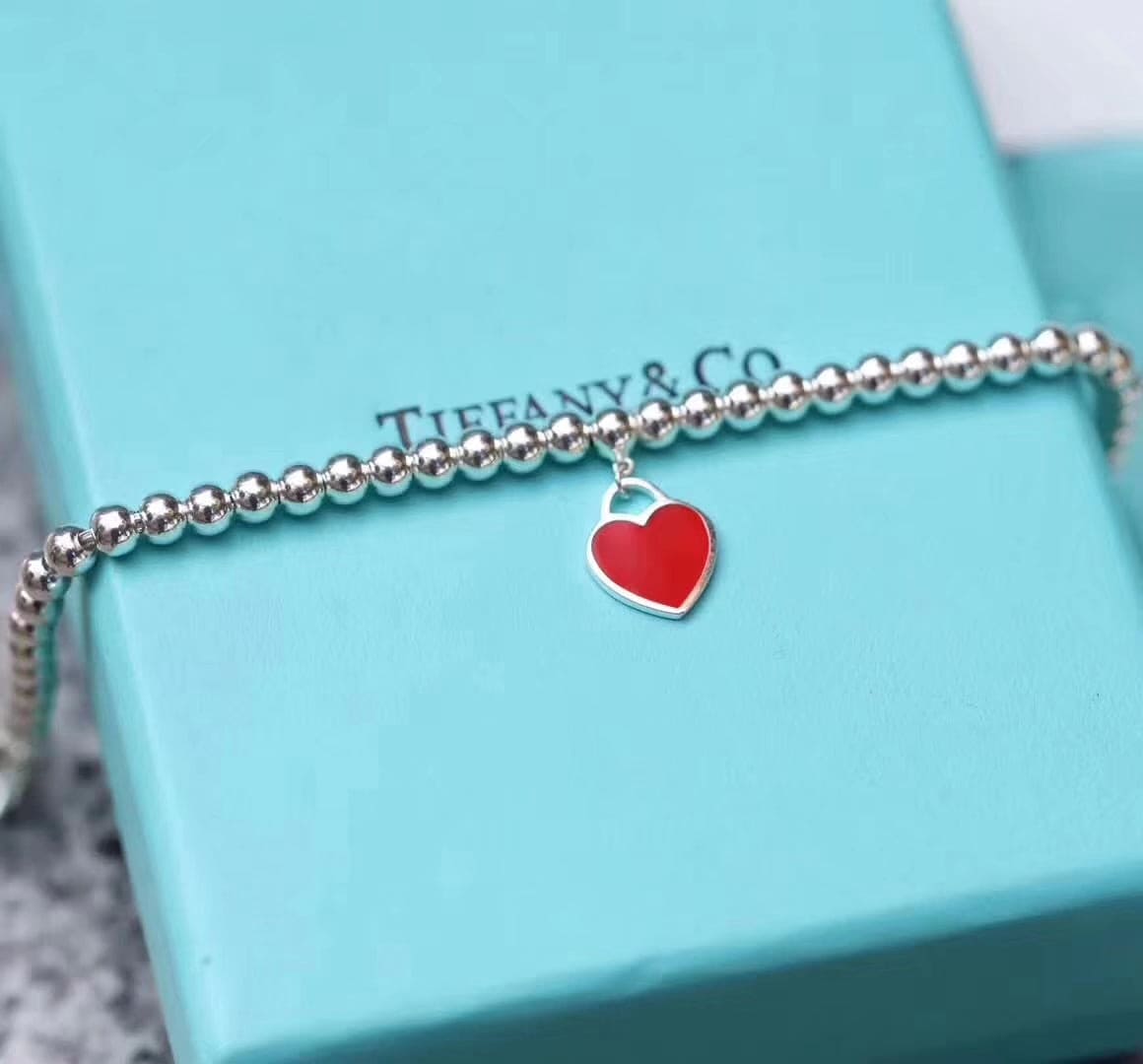 Return to Tiffany Red Heart Tag Bead Bracelet - 18K White Gold