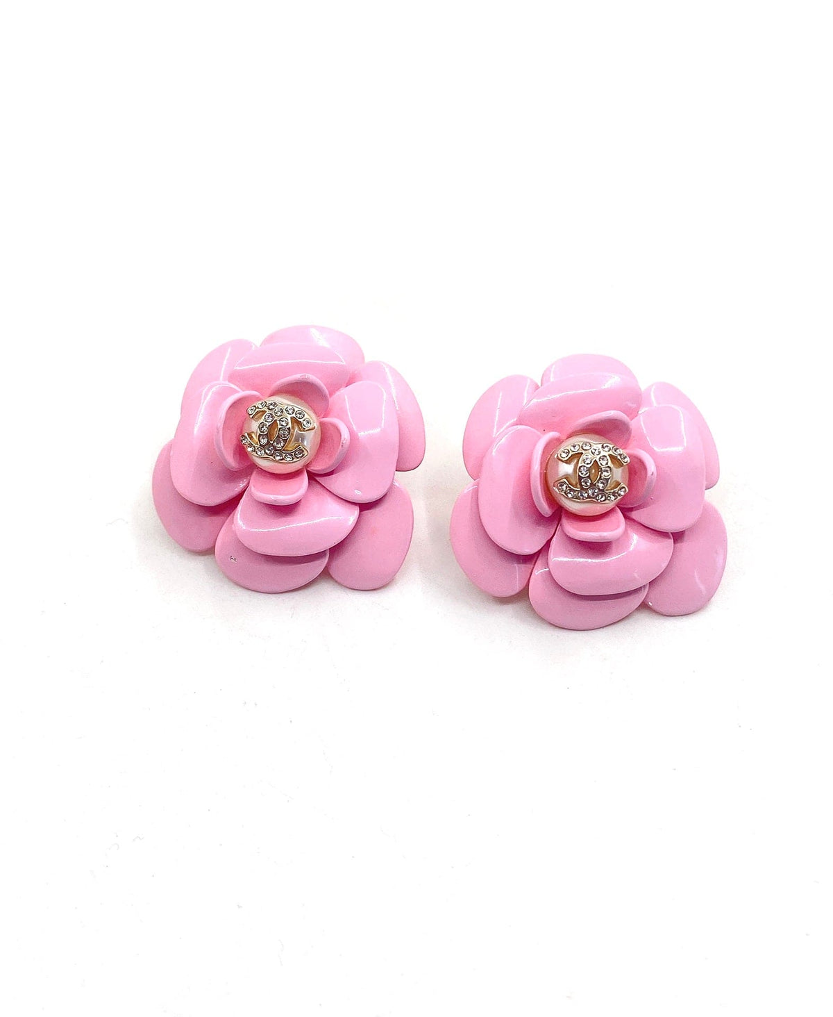 Chanel Pink Camellia Resin Earrings - 18K Yellow Gold