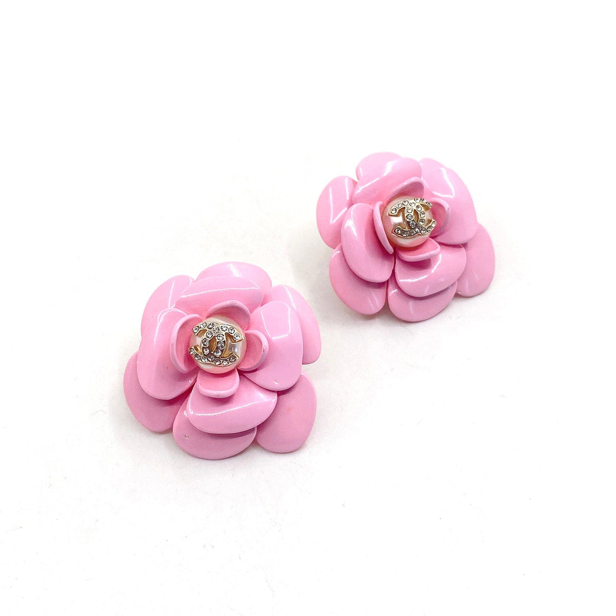 Chanel Pink Camellia Resin Earrings - 18K Yellow Gold