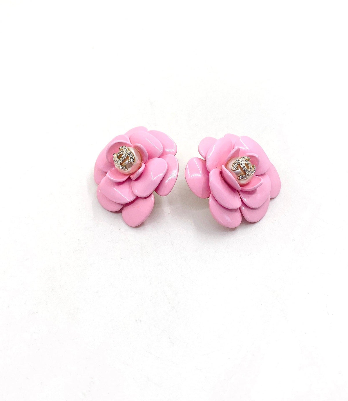 Chanel Pink Camellia Resin Earrings - 18K Yellow Gold