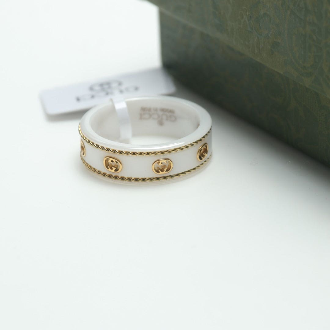 Gucci Double G Interlocking G Icon White Zirconia Ring - 18K Yellow Gold