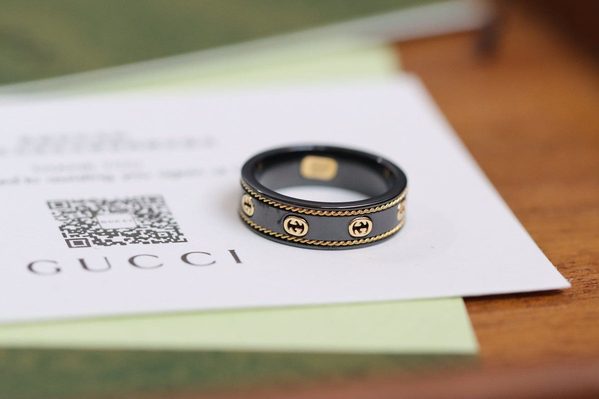 Gucci Double G Interlocking G Icon Black Corundum Ring - 18K Yellow Gold