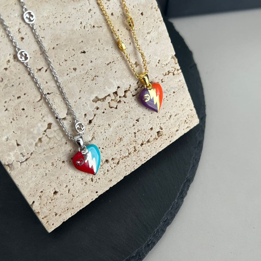 Gucci Double G Interlocking G Heart Lightning Charm Necklace