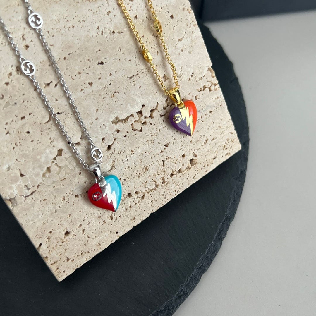 Gucci Double G Interlocking G Heart Lightning Charm Necklace