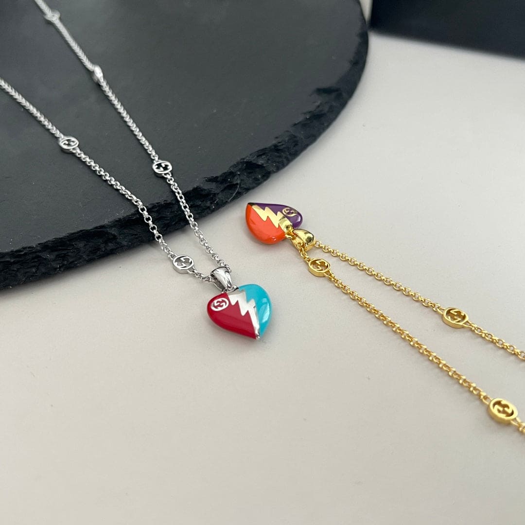 Gucci Double G Interlocking G Heart Lightning Charm Necklace
