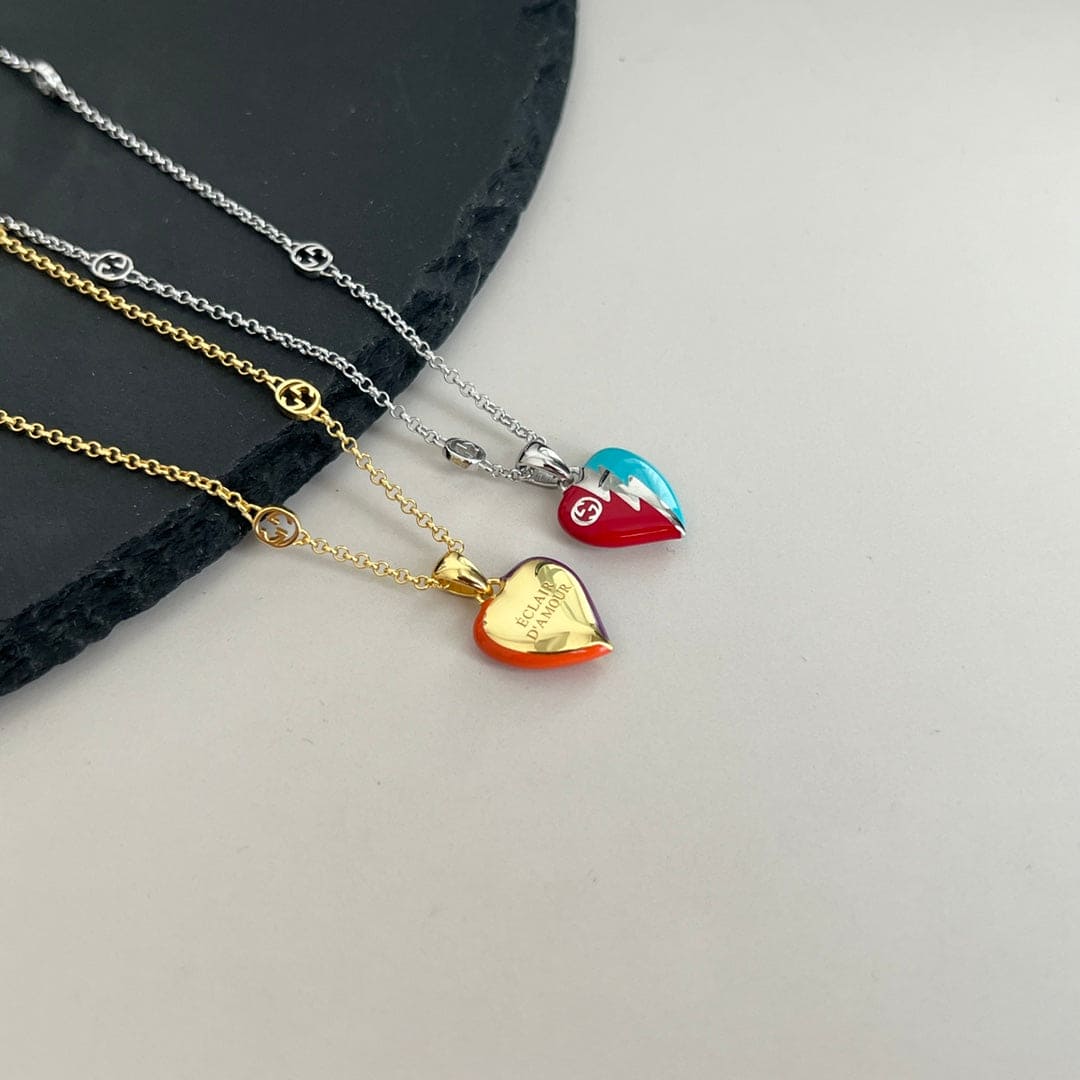 Gucci Double G Interlocking G Heart Lightning Charm Necklace