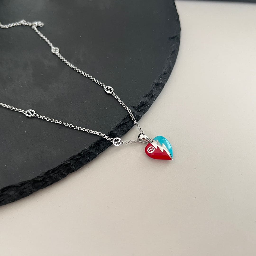 Gucci Double G Interlocking G Heart Lightning Charm Necklace