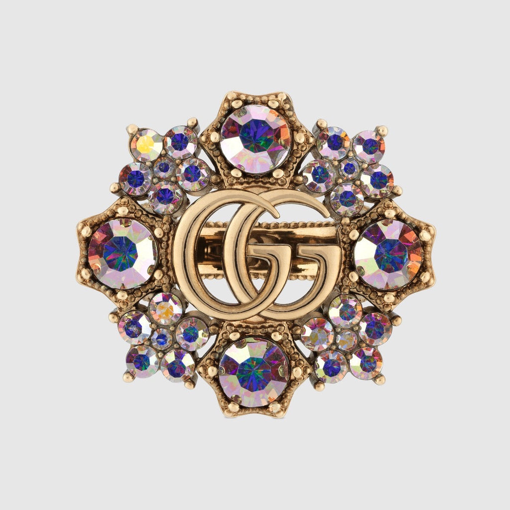 Gucci Double G Crystal Flower Ring - 18K Yellow Gold