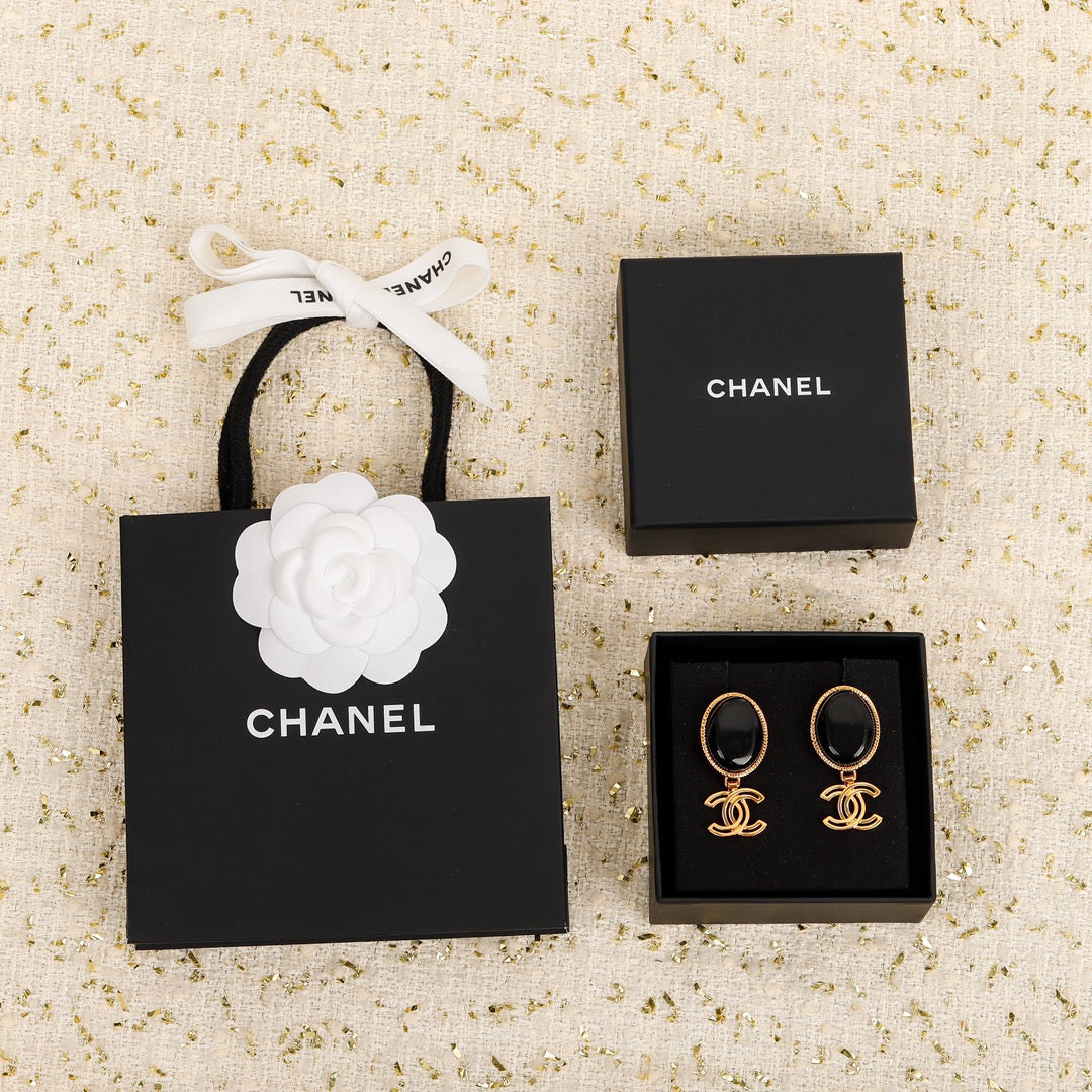 Chanel Black Crystal Pendant Earrings - 18K Yellow Gold
