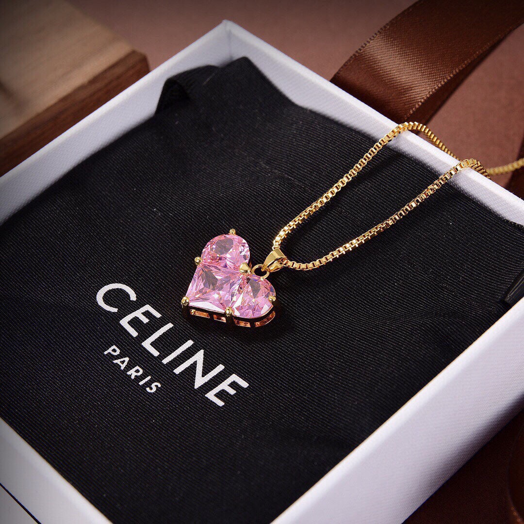 Celine Triomphe Pink Heart Crystal Necklace