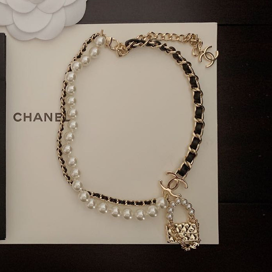 Chanel Pearl Leather Bag Pendant Necklace