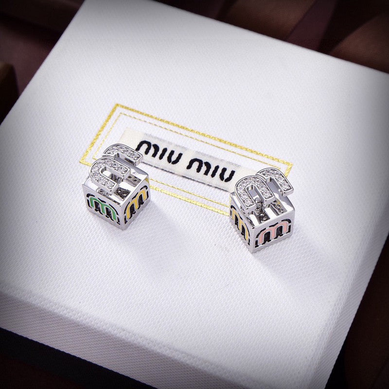 Miu Green & Yellow Cube Earrings - 18K White Gold