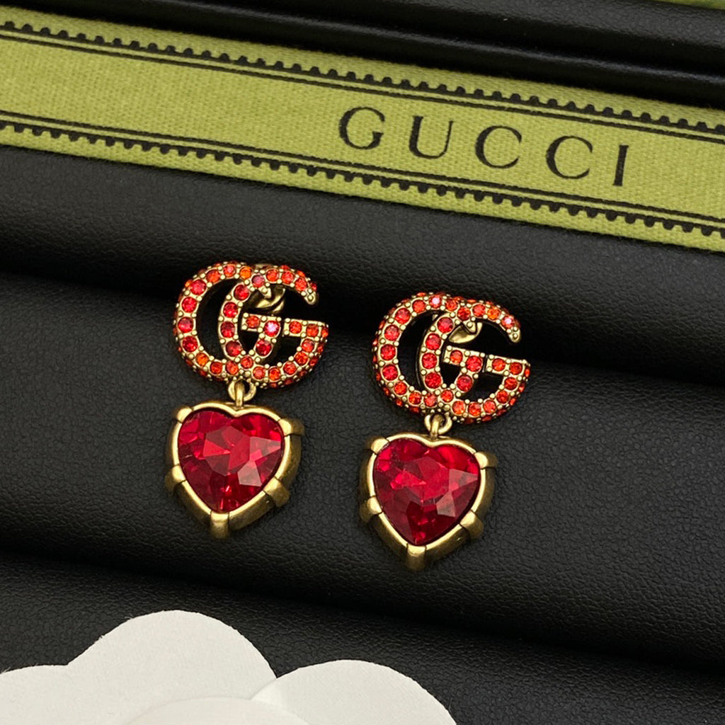 Gucci Double G Red Crystal Earrings - 18K Yellow Gold