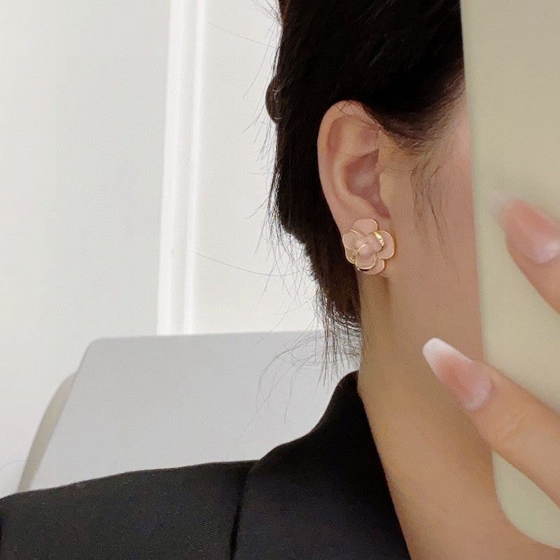 Chanel Red & Pink Camellia Earrings - 18K Yellow Gold