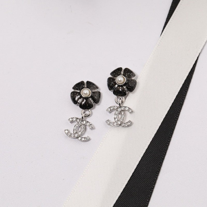 Chanel Black & Pink Camellia Diamond Earrings - 18K Gold
