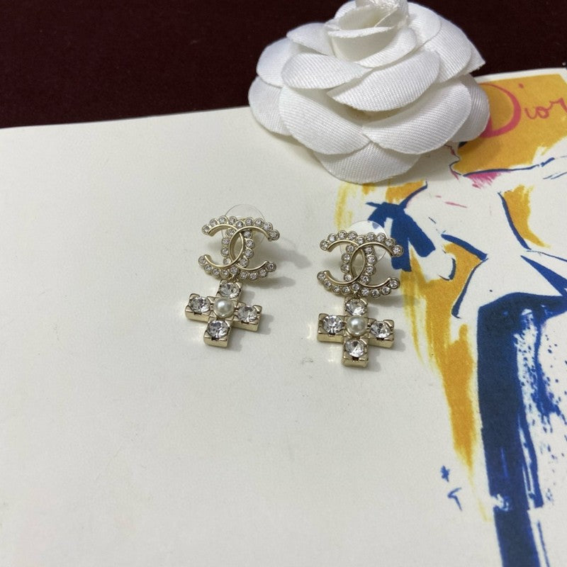Chanel Cross Pearl & Diamond Earrings - 18K Yellow Gold