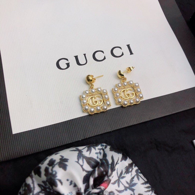 Gucci Double G Square Pearl Earrings - 18K Yellow Gold