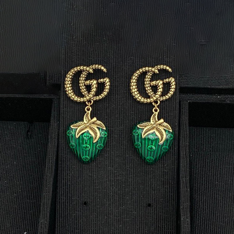 Gucci Double G Green & Red Berry Earrings - 18K Gold