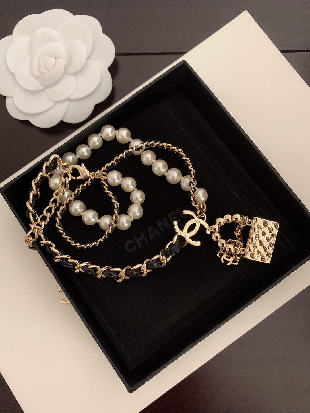 Chanel Pearl Leather Bag Pendant Necklace