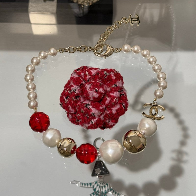 Chanel Red Crystal Pearl Choker Necklace