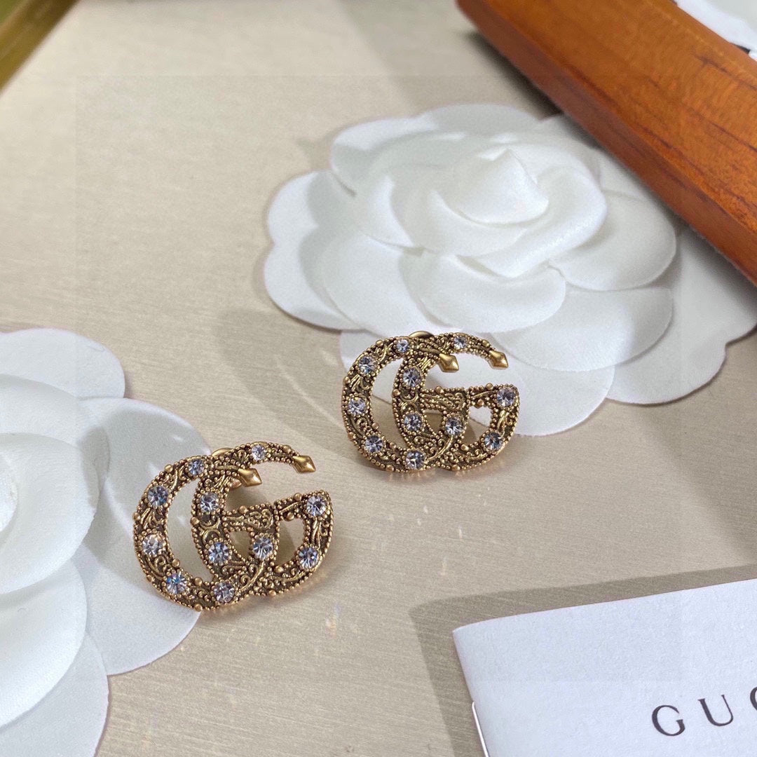 Gucci Double G Crystal Earrings - 18K Yellow Gold