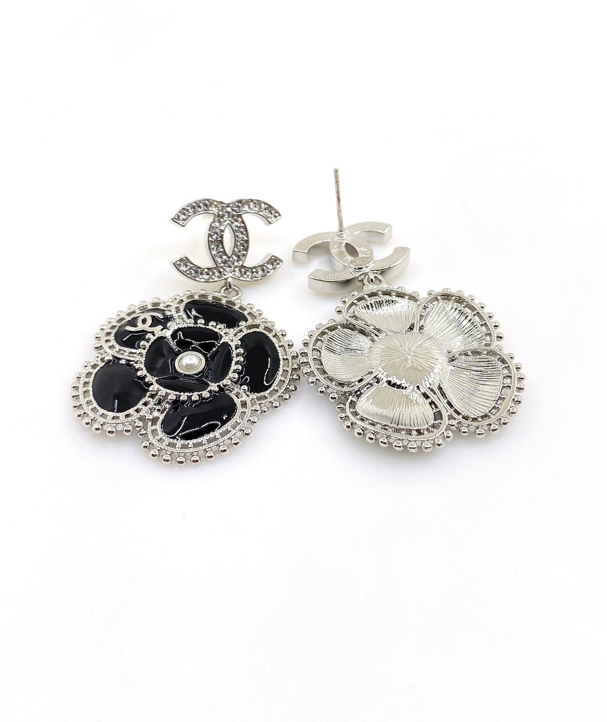 Chanel Black Pearl Camellia Earrings - 18K White Gold