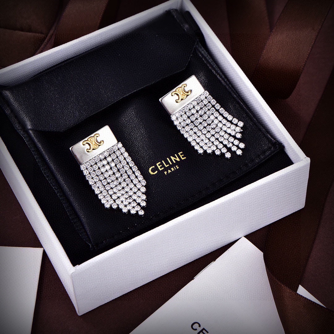Celine Triomphe Diamonds Tassel Earrings - 18K Yellow Gold