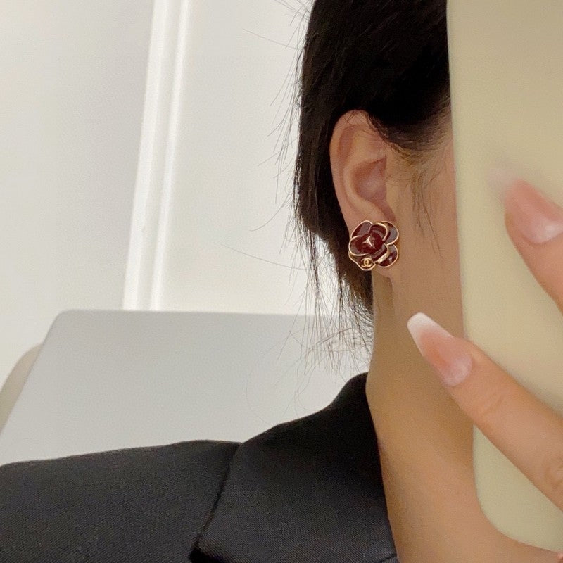 Chanel Red & Pink Camellia Earrings - 18K Yellow Gold