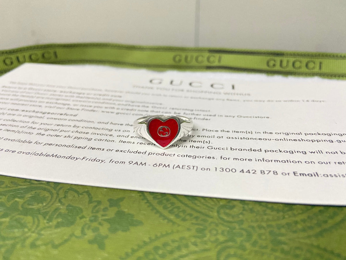 Gucci Double G Interlocking G Red Enamel Heart Ring