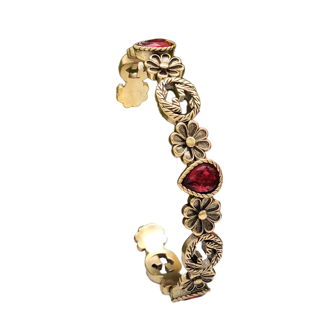 Gucci Double G Flowers Red Crystals Open Cuff Bracelet