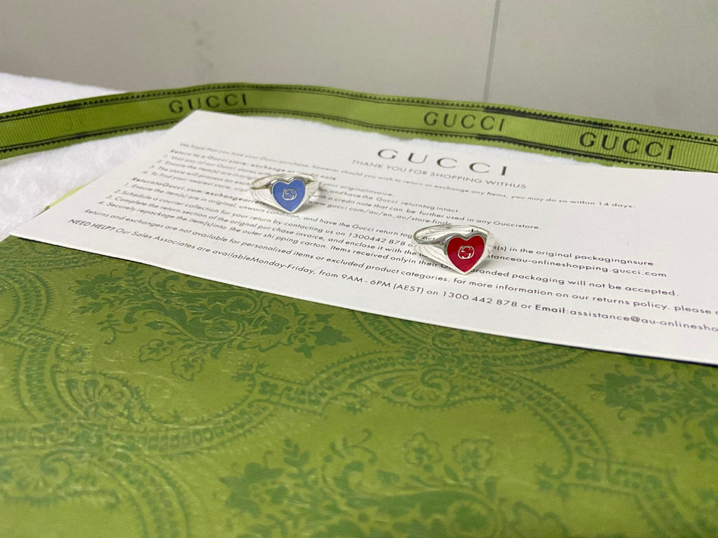 Gucci Double G Interlocking G Red Enamel Heart Ring