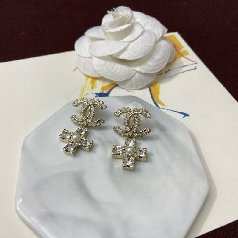 Chanel Cross Pearl & Diamond Earrings - 18K Yellow Gold