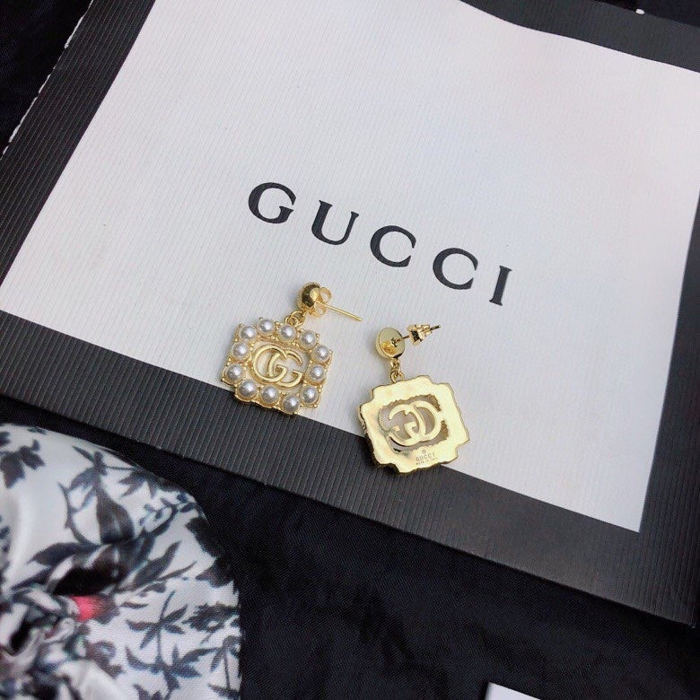 Gucci Double G Square Pearl Earrings - 18K Yellow Gold