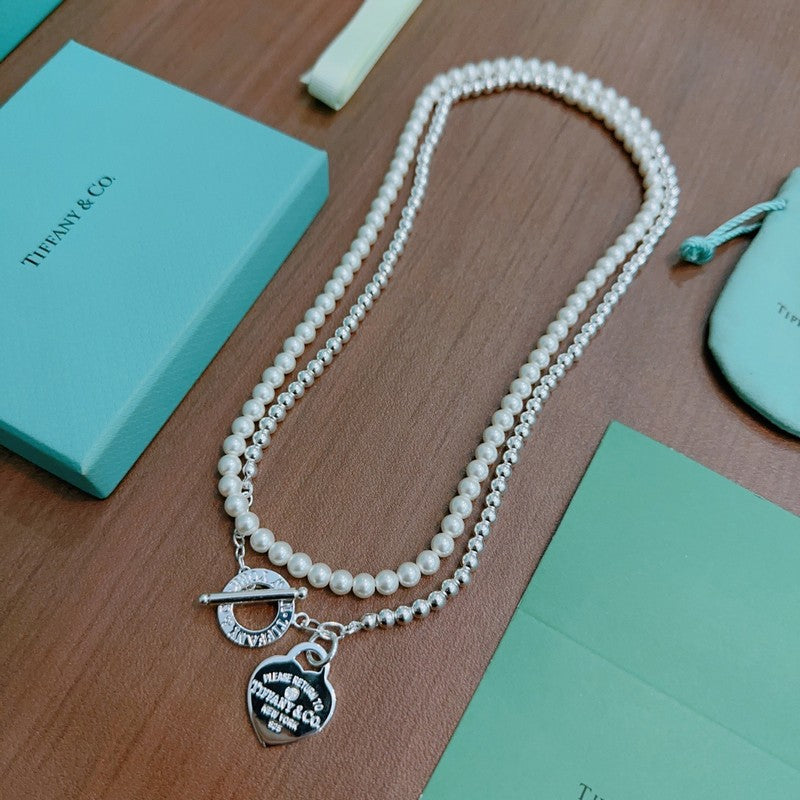 Return to Tiffany Heart Tag Chain Pearl Link Necklace