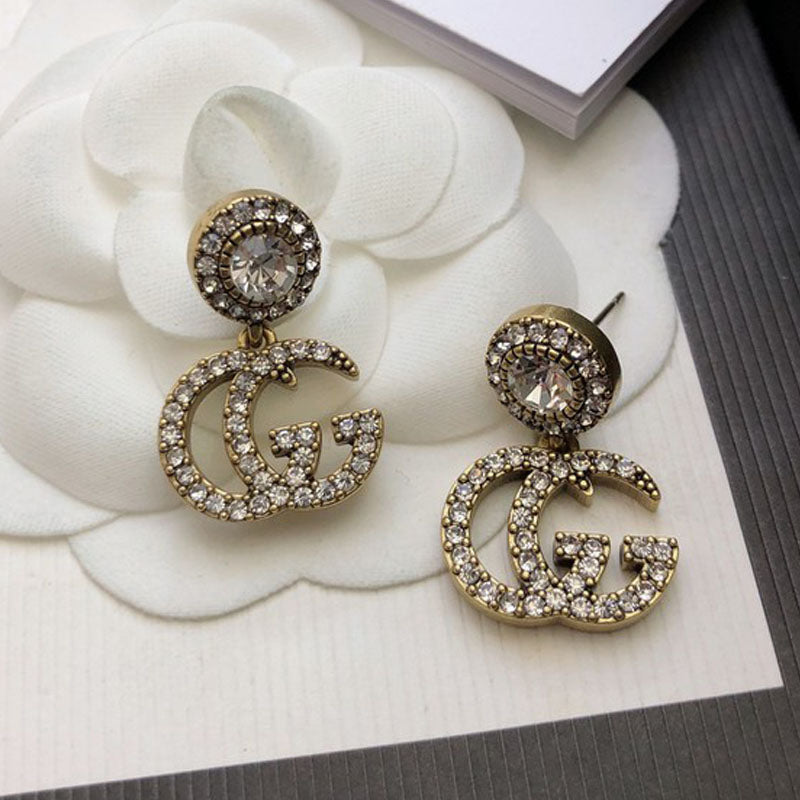 Gucci Double G Crystal Pendant Earrings - 18K Yellow Gold