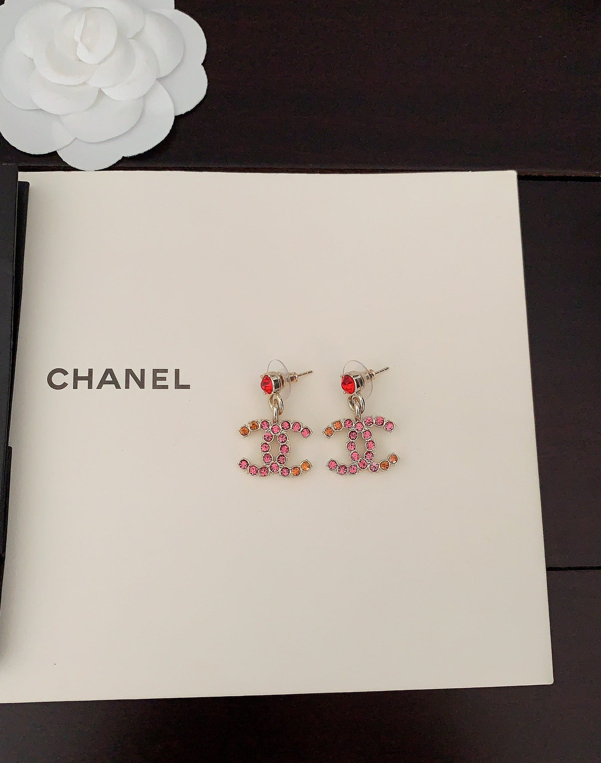 Chanel Pink Crystal Earrings - 18K Yellow Gold