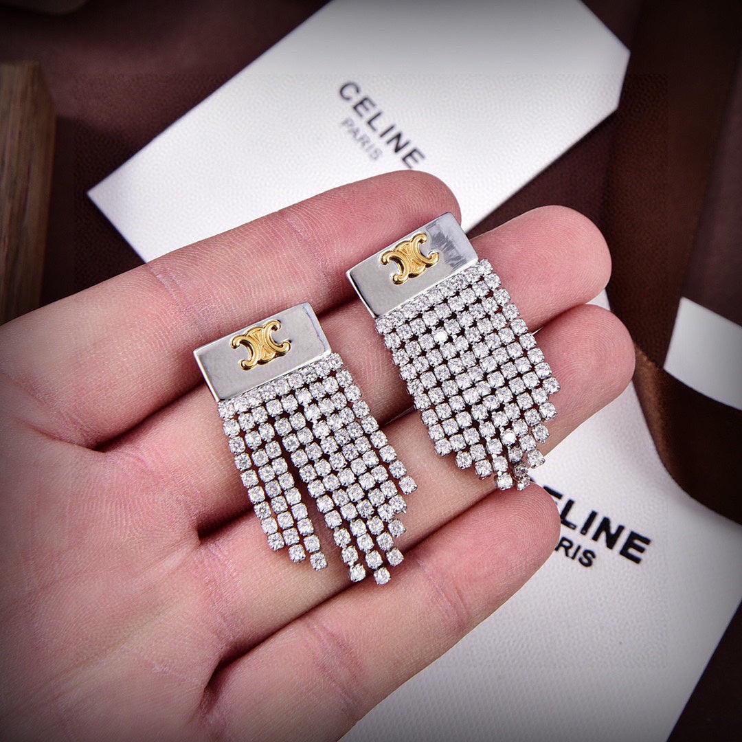Celine Triomphe Diamonds Tassel Earrings - 18K Yellow Gold