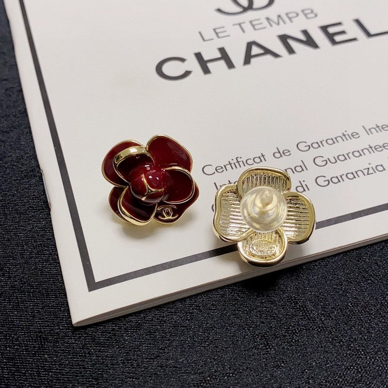 Chanel Red & Pink Camellia Earrings - 18K Yellow Gold