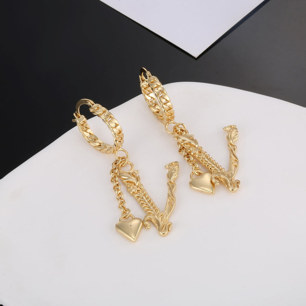 Heart Long Earrings - 18K Yellow Gold