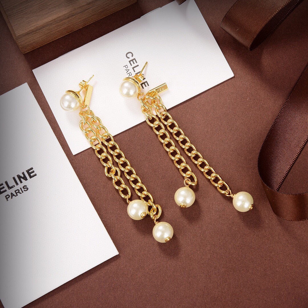 Celine Triomphe Pearls Long Earrings - 18K Yellow Gold