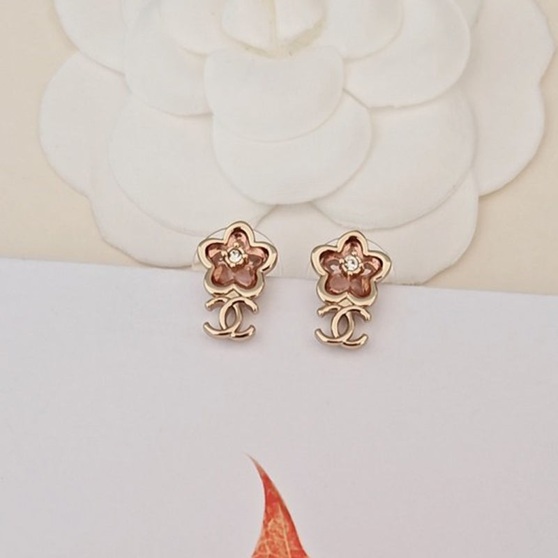 Chanel Pink Crystal Earrings - 1.75 cm Height - 18K Yellow Gold
