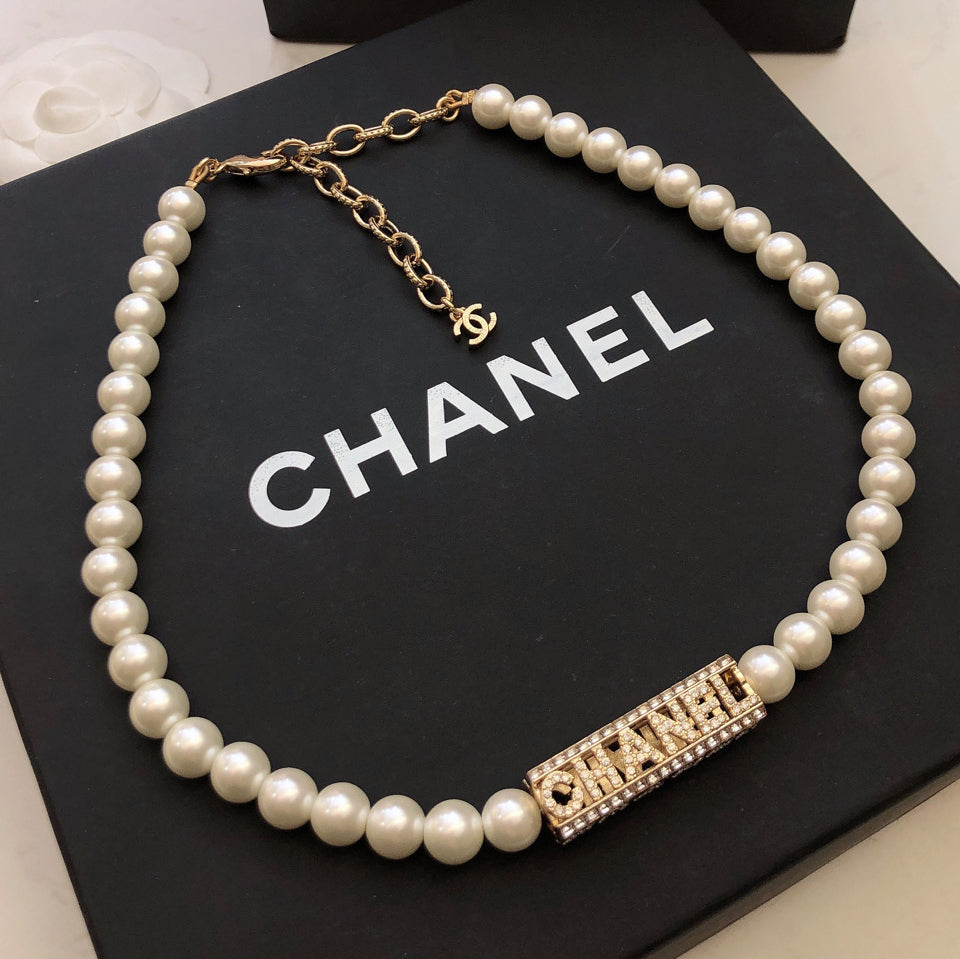 Chanel Script Pearls Chain Necklace