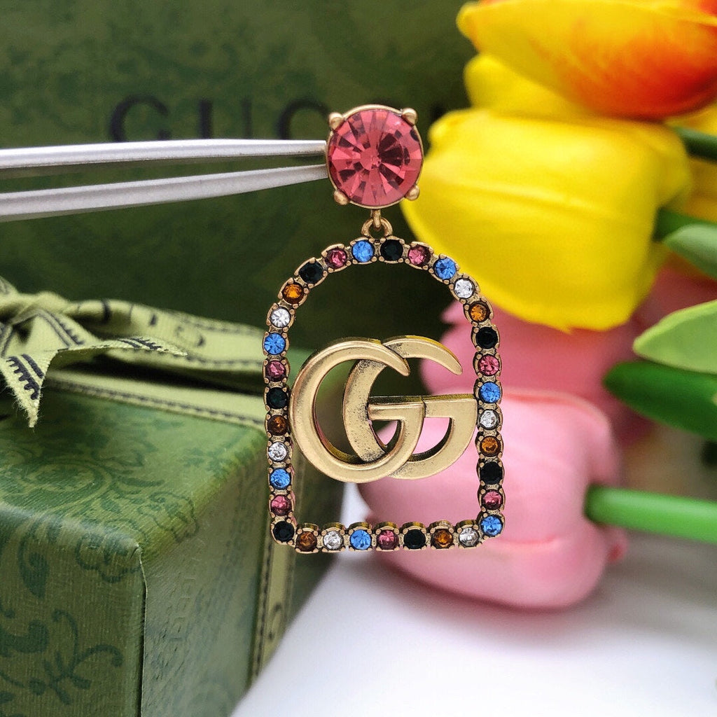 Gucci Double G Color Crystal Earrings - 3.5 cm Height - 18K Yellow Gold