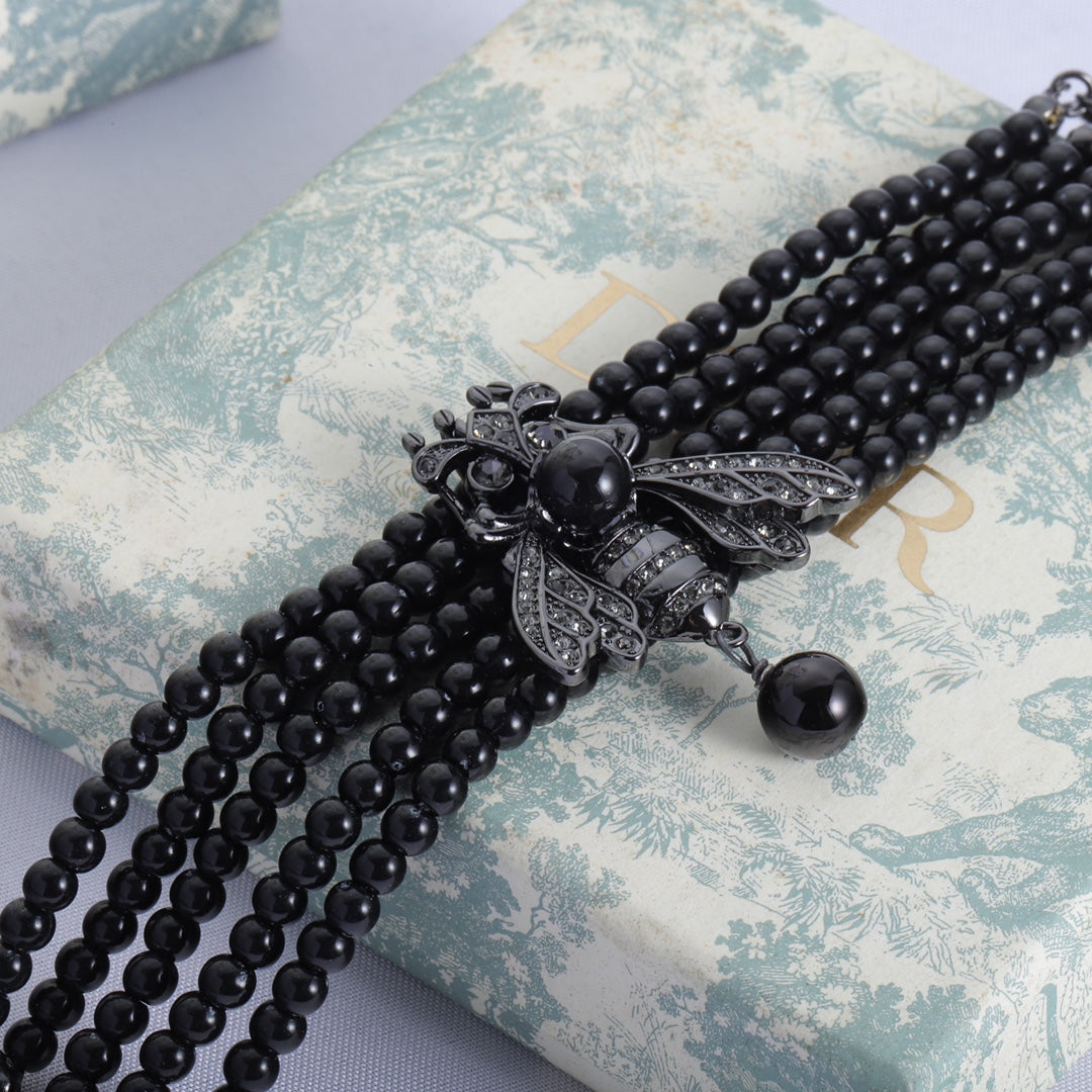 Dior Bee Black Pearls Chain Necklace