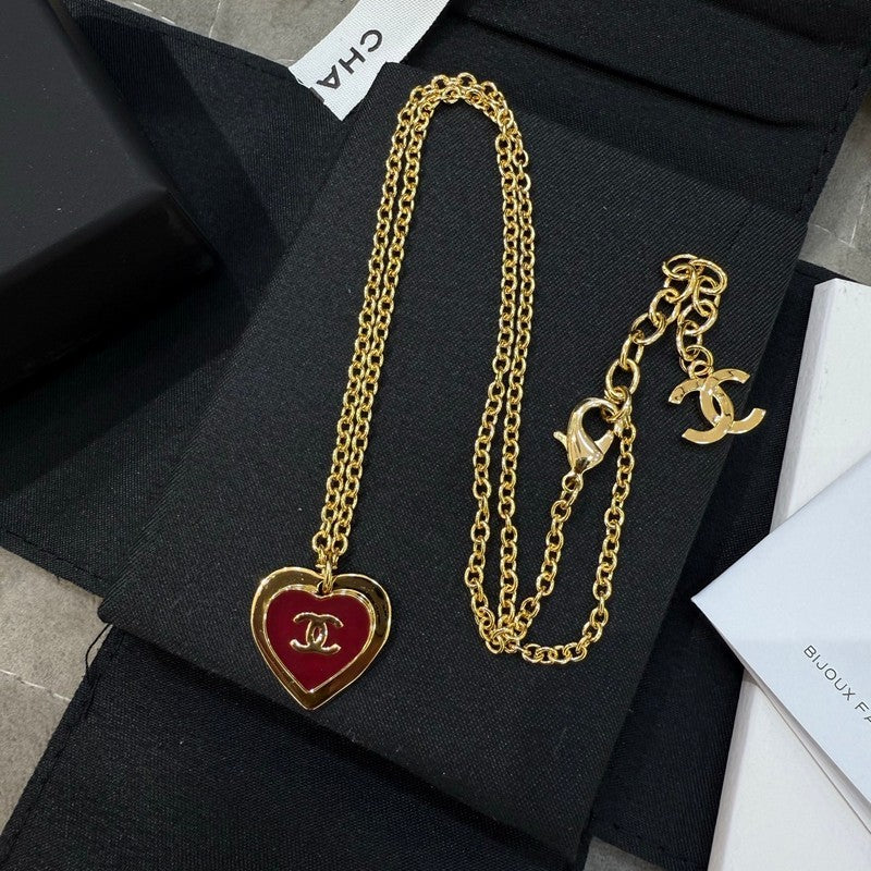 Chanel Black & Red Heart Gold Necklace