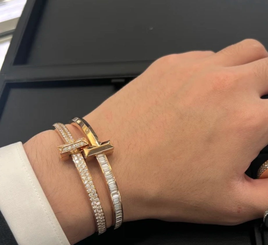 T1 Wide Moissanite Hinged Bracelet - 18K Gold