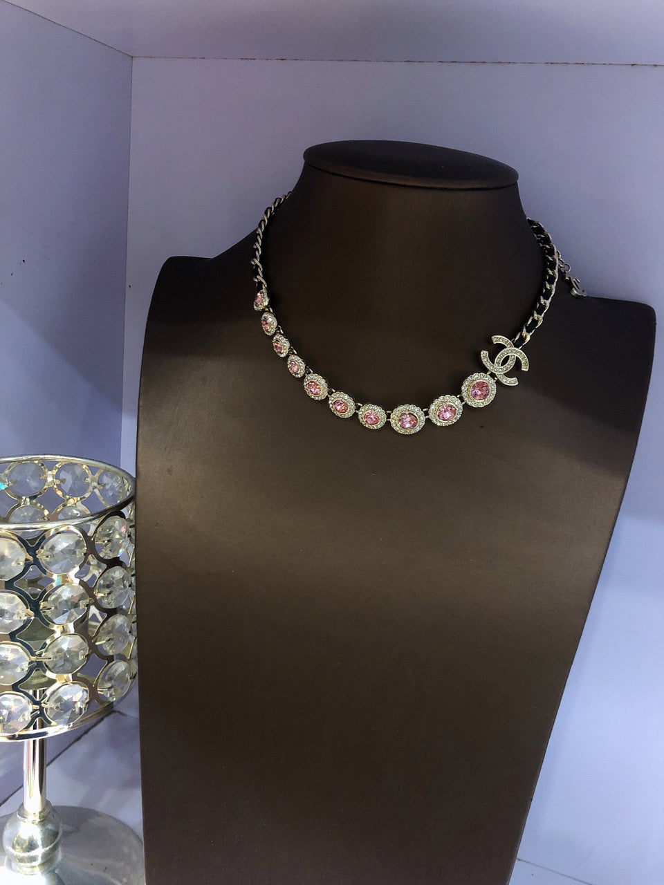 Chanel Pink Crystals Leather Necklace