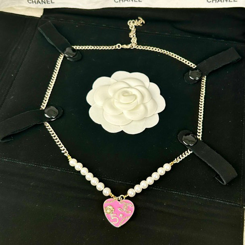 Chanel Pink & Black Heart Pearl Necklace