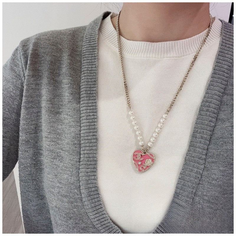 Chanel Pink & Black Heart Pearl Necklace